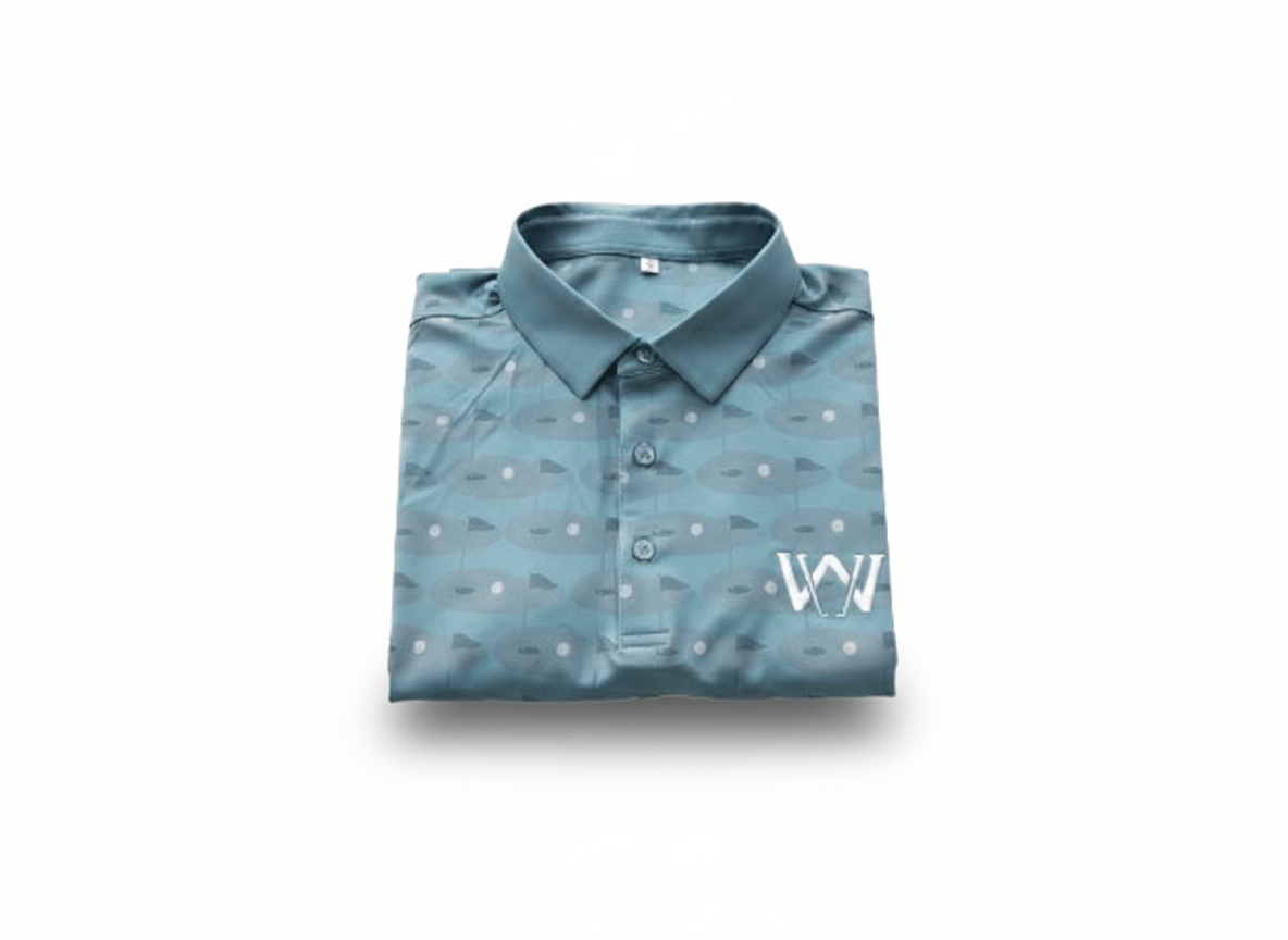 Wedge and Wood Greens golf polo shirt on white background