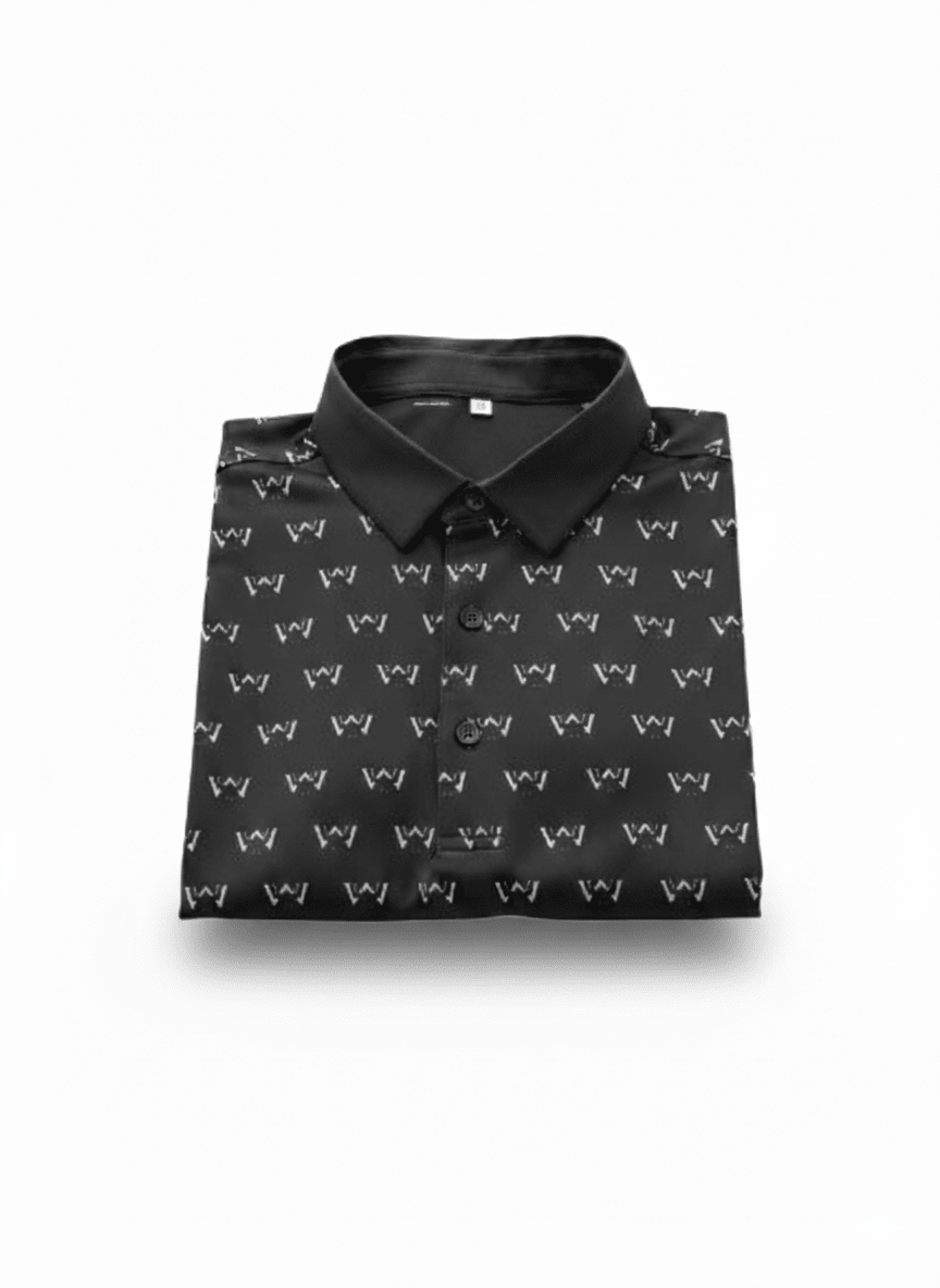 Wedge and Wood OG black golf polo shirt front view white background