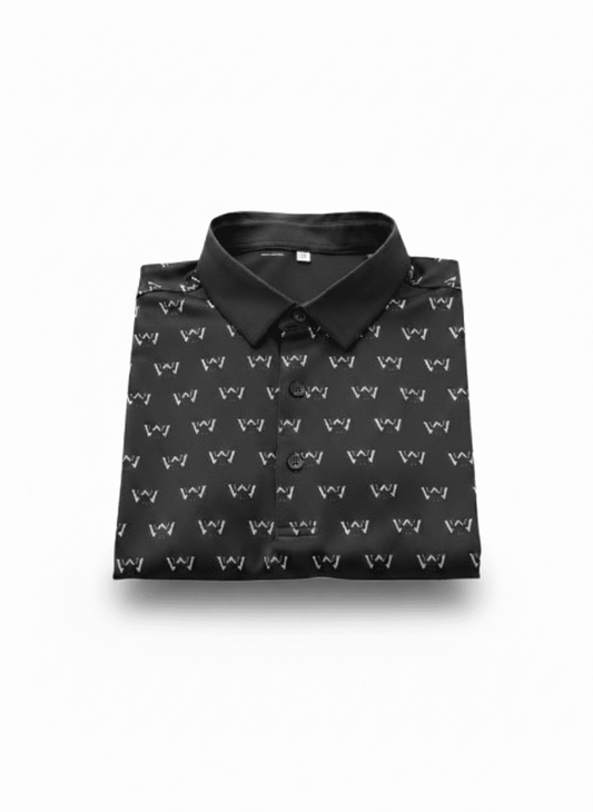 Wedge and Wood OG black golf polo shirt front view white background