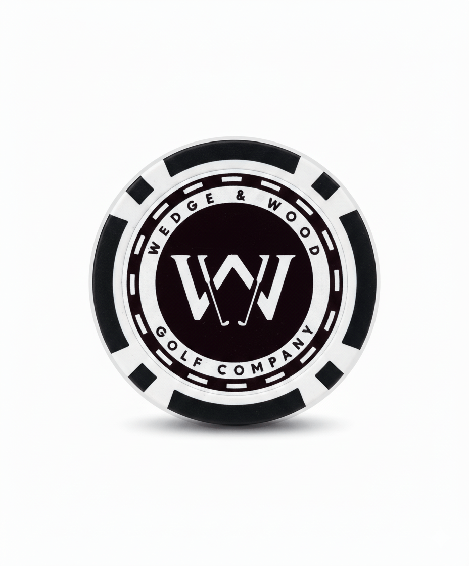 Black and white poker chip ball marker with Wedge and Wood OG logo
