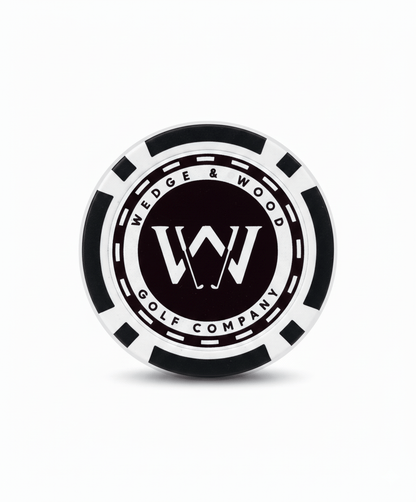 Black and white poker chip ball marker with Wedge and Wood OG logo