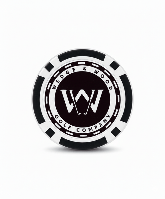 Black and white poker chip ball marker with Wedge and Wood OG logo