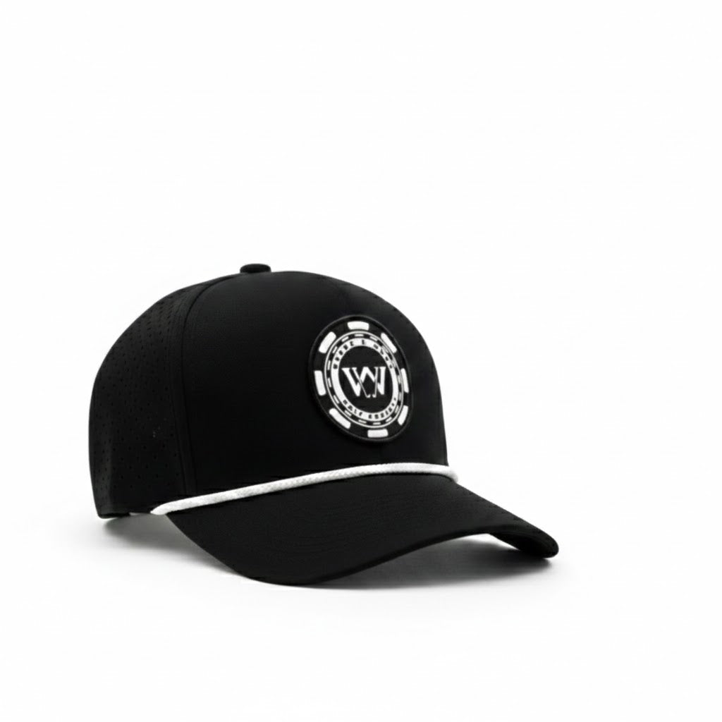 Black poker chip logo performance golf hat on white background