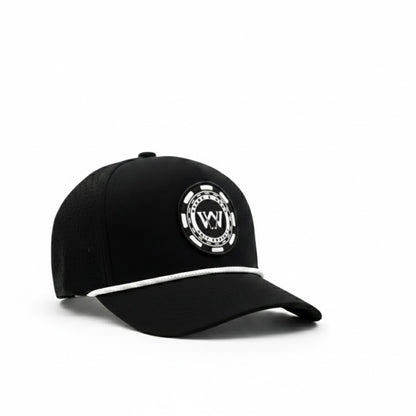 Black poker chip logo performance golf hat on white background