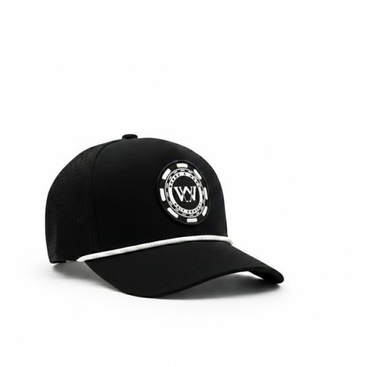 Black poker chip logo performance golf hat on white background