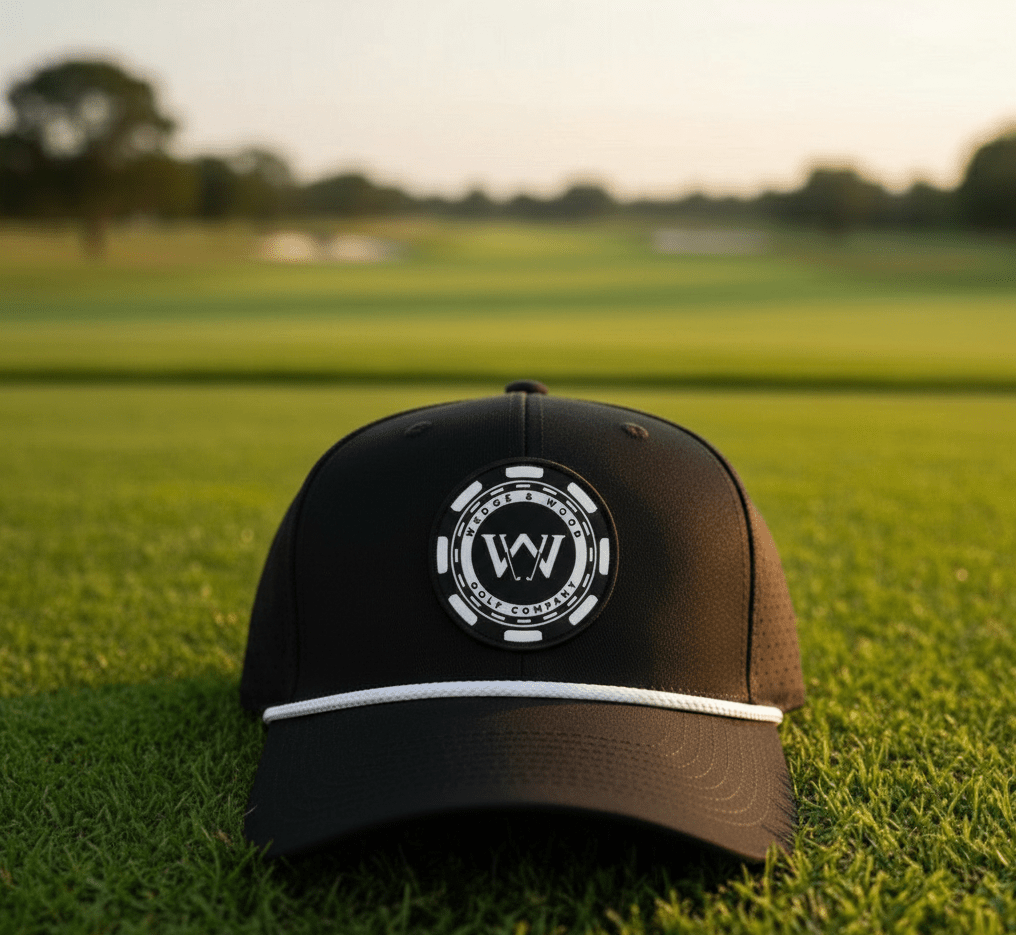 Wedge and Wood poker chip logo on black golf performance hat sitting on fairway at golf course.