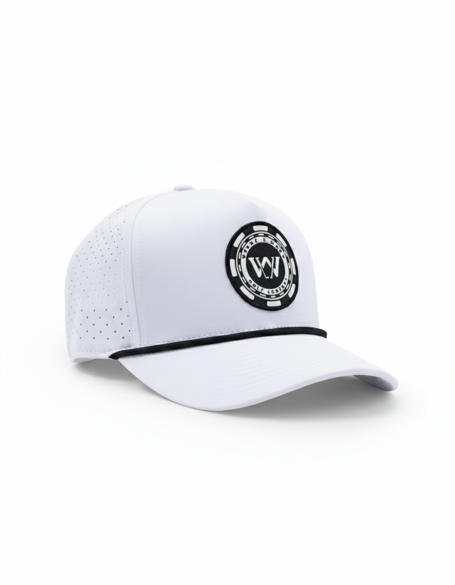 White performance golf hat with Wedge and Wood Poker chip logo on white background