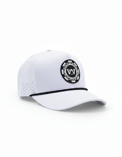 White performance golf hat with Wedge and Wood Poker chip logo on white background