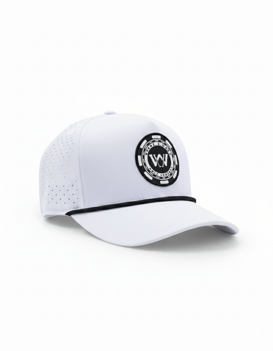 White performance golf hat with Wedge and Wood Poker chip logo on white background